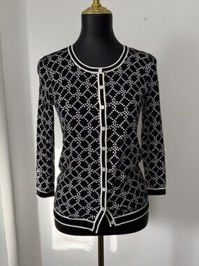 TALBOTS Black & White Dot Chain Link Cardigan Sweater Size XSmall Stretchy